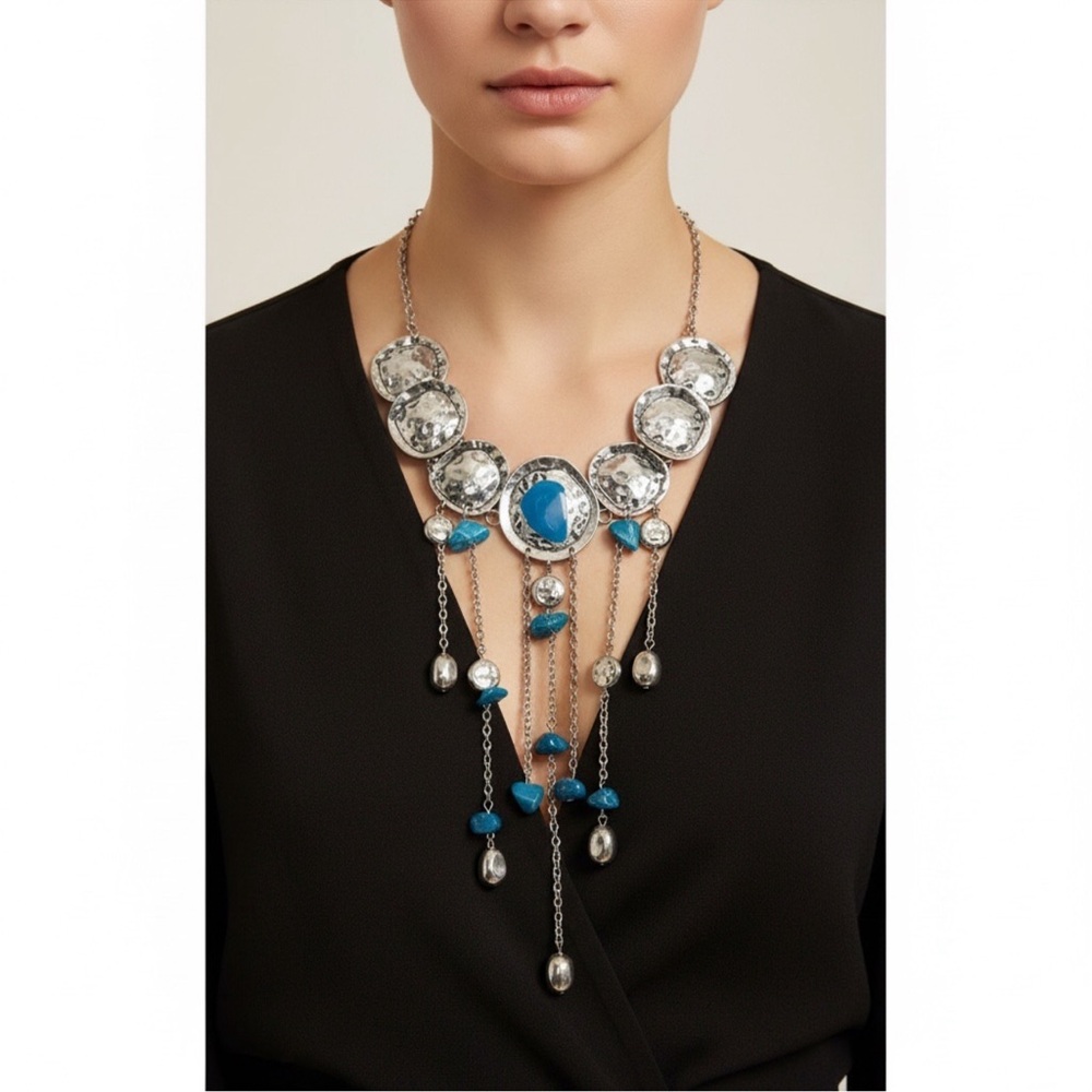 Boho Turquoise Stone Statement Necklace Silver Fringe Pendant - Picture 4 of 7